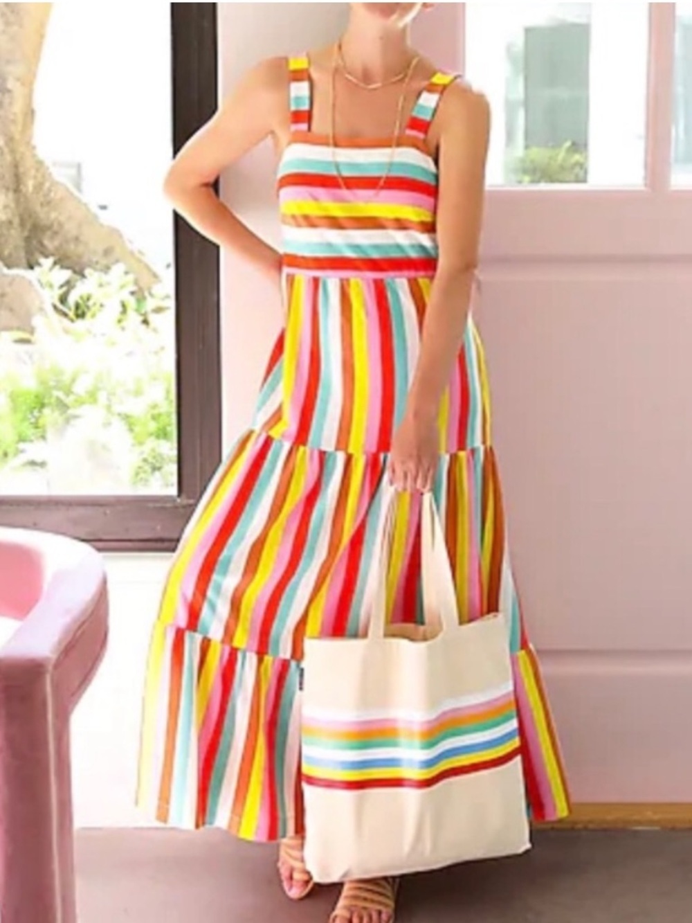 J. Crew Maxi Dress Rainbow Stripe Colorful Cotton Square Neck New Size Medium